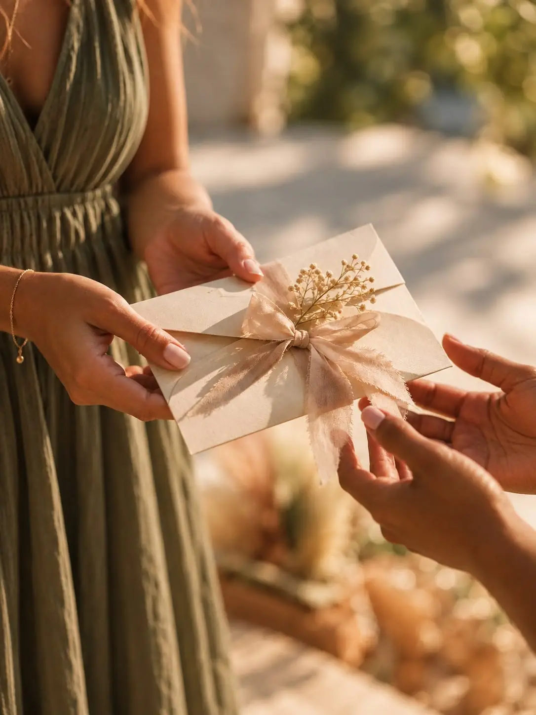 Une carte cadeau séance photo offerte de la main à la main : une enveloppe crème nouée d'un ruban rose poudré et d'un brin de fleurs séchées, dans la lumière dorée de fin de journée.