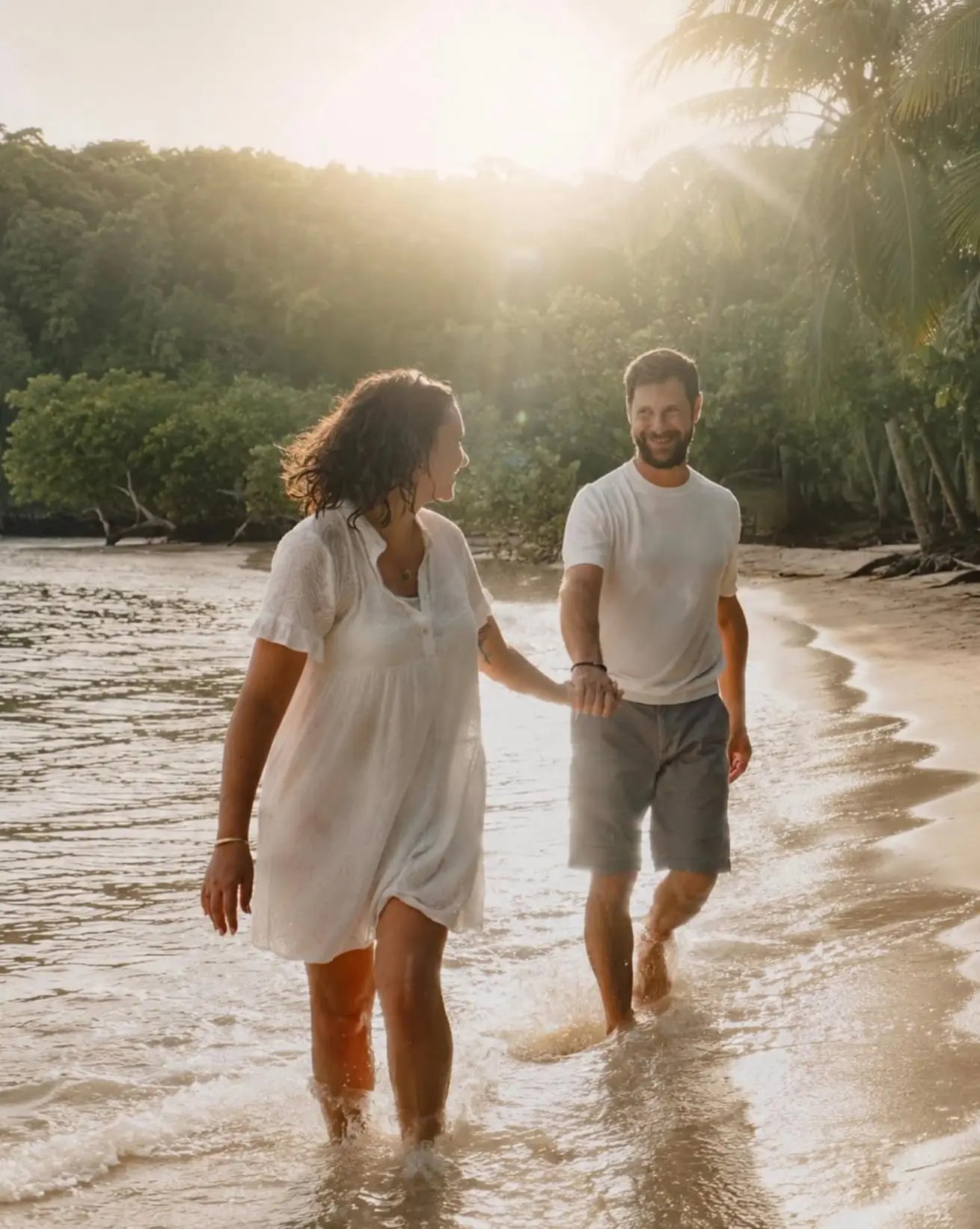 Séance couple les pieds dans l'eau, à l'Anse à Jacques : main dans la main, ils remontent le bord de plage à contre-jour.