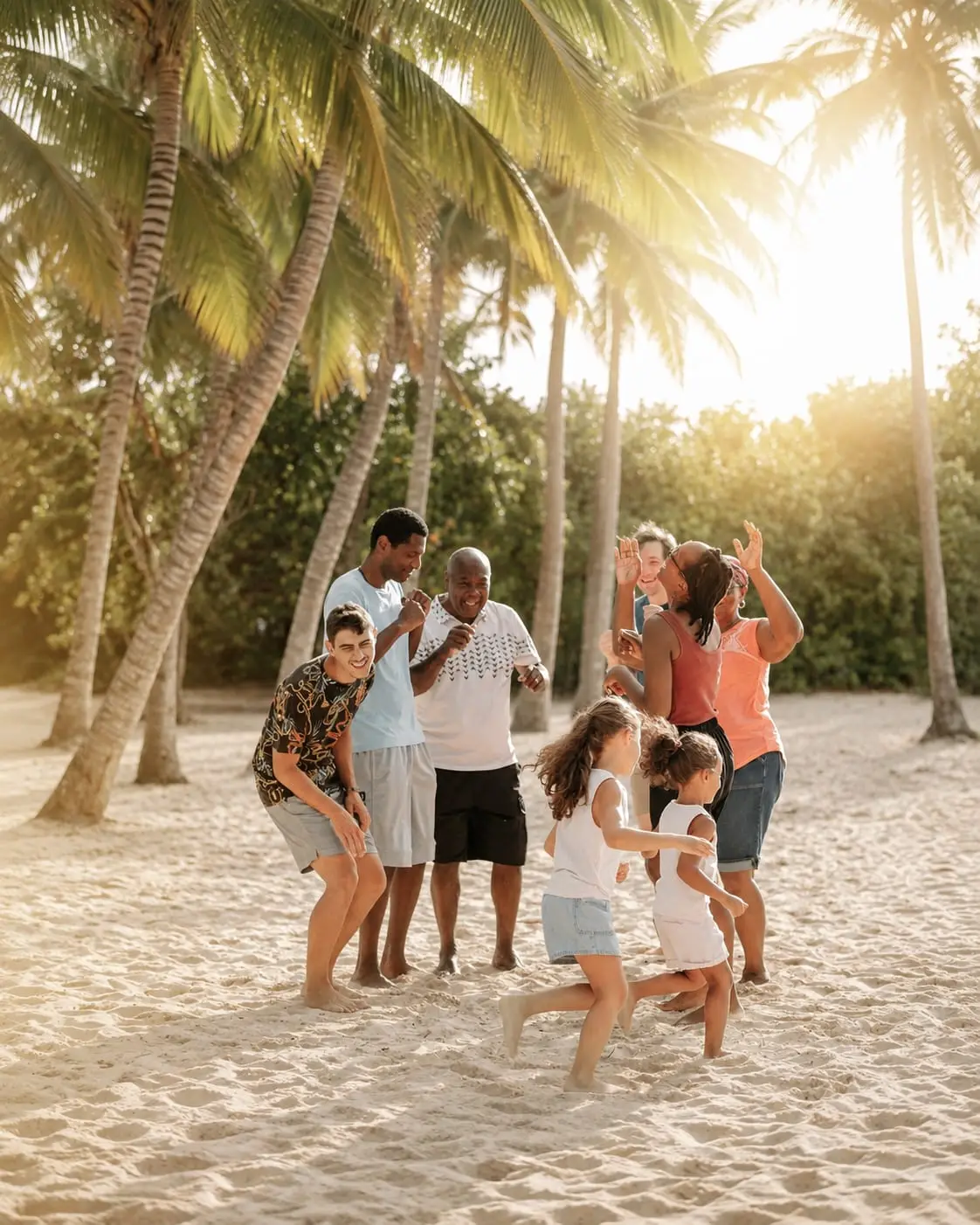 Séance famille sur la plage de Bois Jolan, à Sainte-Anne : toute la tribu danse sur le sable sous les cocotiers, les deux petites filles courant au milieu.